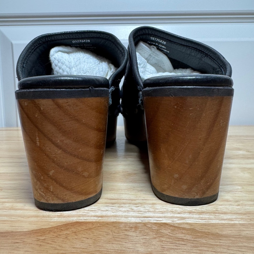 Free People Black Leather Studded Buckle Wood Platform Clogs Made in Spain 38 - Picture 10 of 16